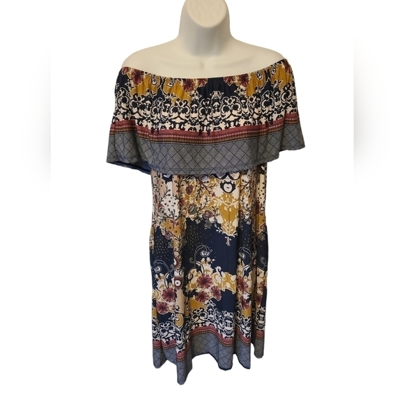 TRIBE Blue off the Shoulder Bohemian Floral MIDI Sundress Dress Size Small NWT - Picture 6 of 8